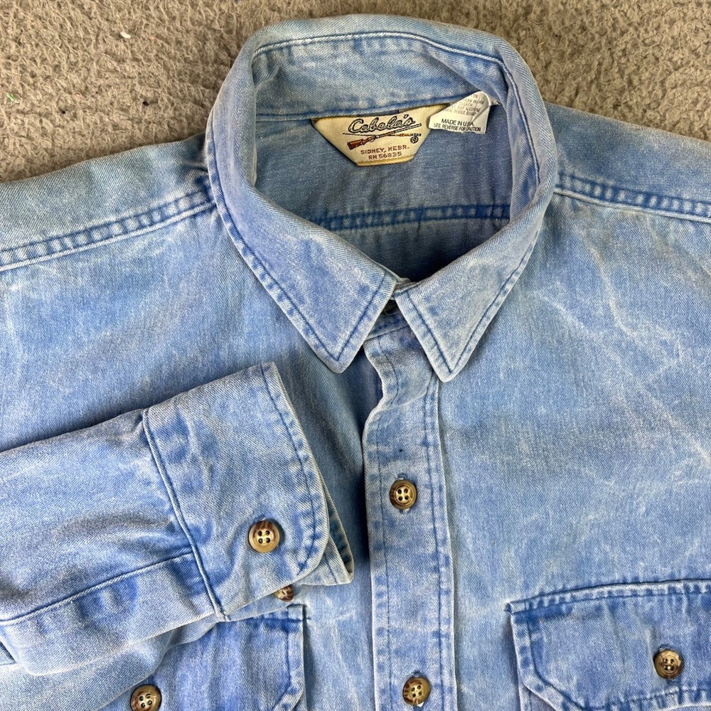 Cabela's Denim Button Down Men Large Blue Acid Wash Vintage Made in USA Workwear